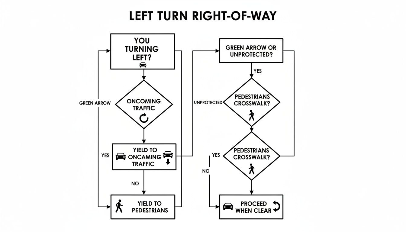 Flowchart illustrating left turn right-of-way rules, explaining when to yield to oncoming traffic and pedestrians.