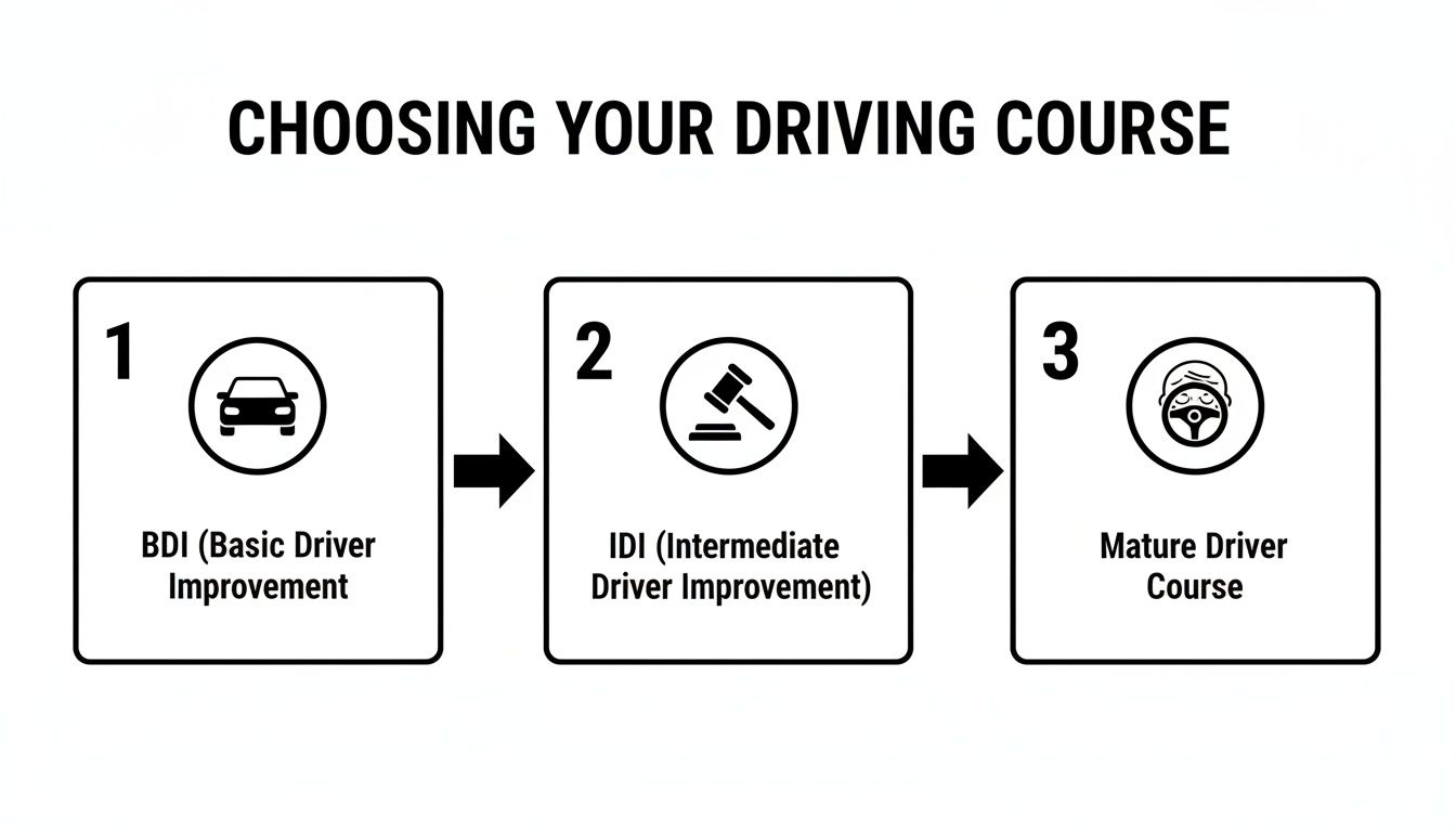 Flowchart showing three types of driving courses: Basic, Intermediate, and Mature Driver.