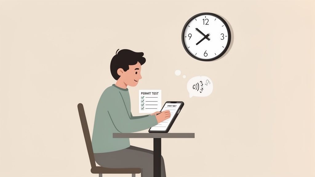 A young person taking an online permit test on a tablet, with a checklist and a wall clock.