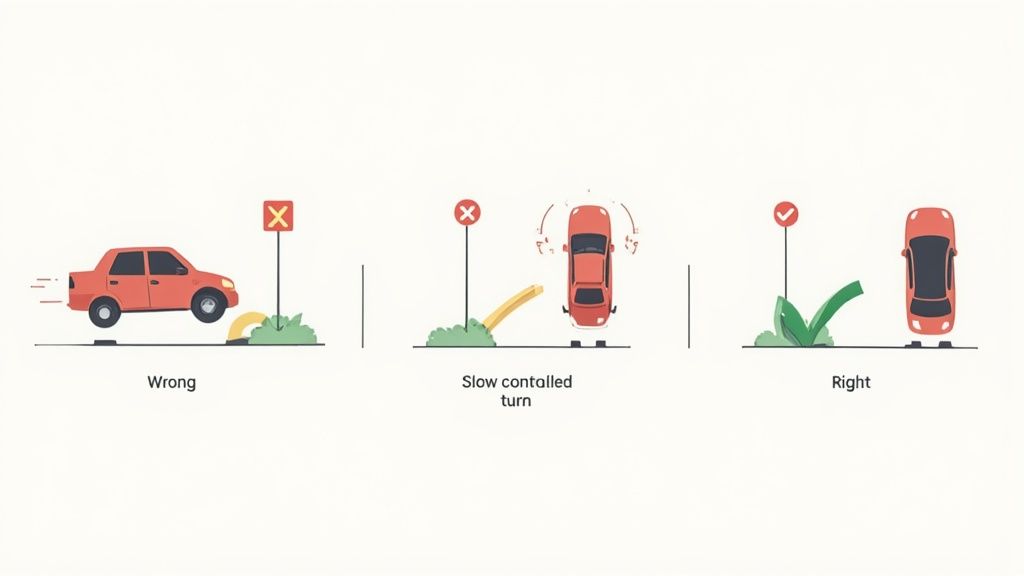 Illustration showing wrong and right ways for a car to perform a controlled turn or three-point maneuver.