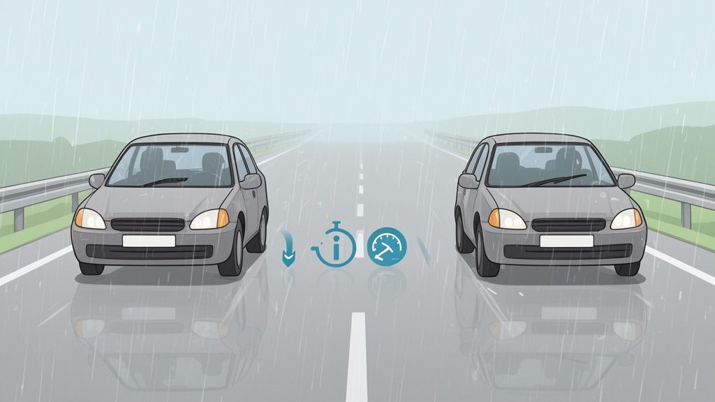 Illustration of two cars driving on a wet road during rainfall, showing information and speed icons.