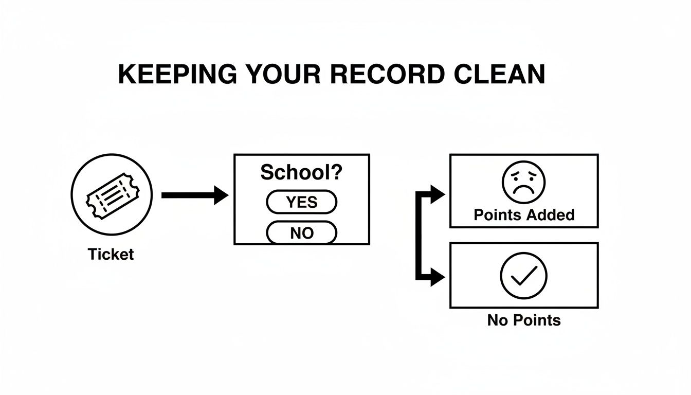 Diagram illustrates how a traffic ticket can impact driving record points, depending on school status.