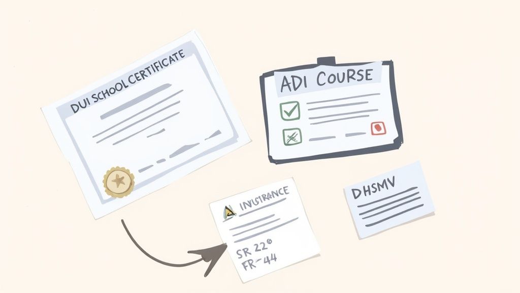 Illustration of documents for driver's license reinstatement: DUI certificate, ADI course, SR-22/FR-44 insurance, and DHSMV forms.