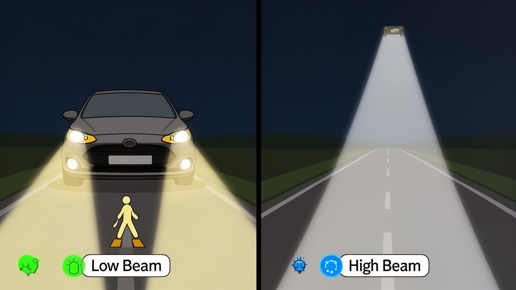 A split image comparing car low beam and high beam headlights, showing their distinct illumination patterns.