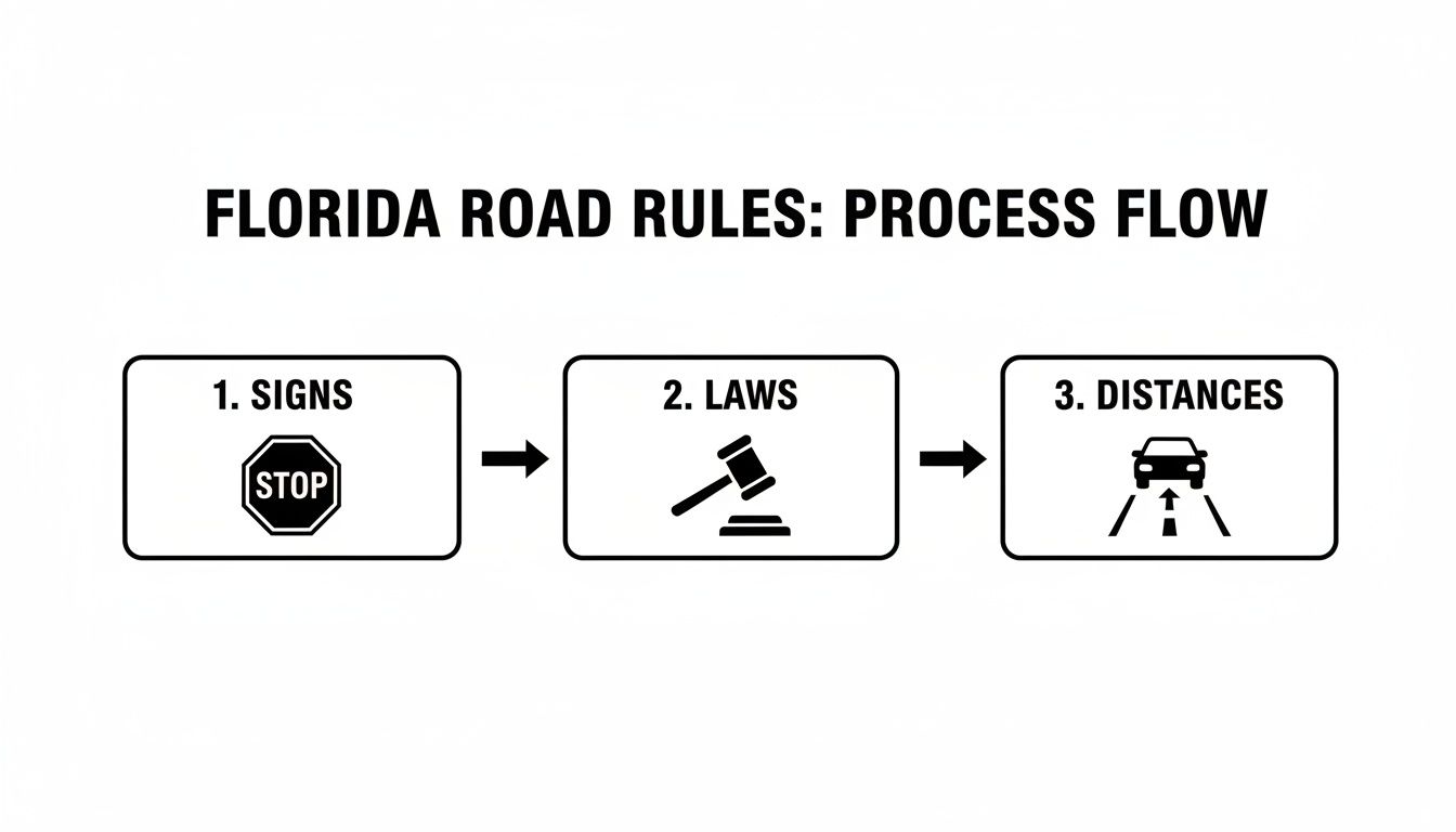 A process flow diagram titled 'Florida Road Rules' illustrating three steps: signs, laws, and distances.
