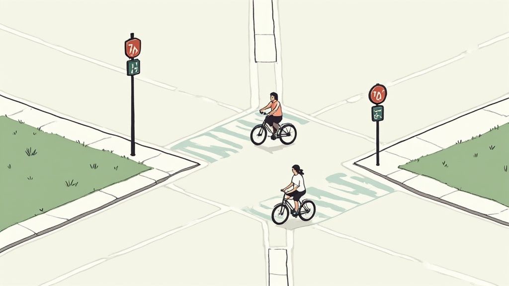 A person riding a bicycle through a crosswalk at a four-way stop.