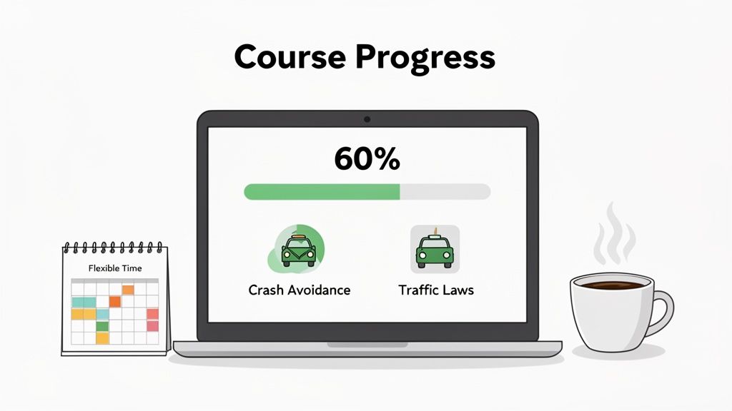 Laptop screen shows 60% progress in a defensive driving course with modules and a flexible calendar.