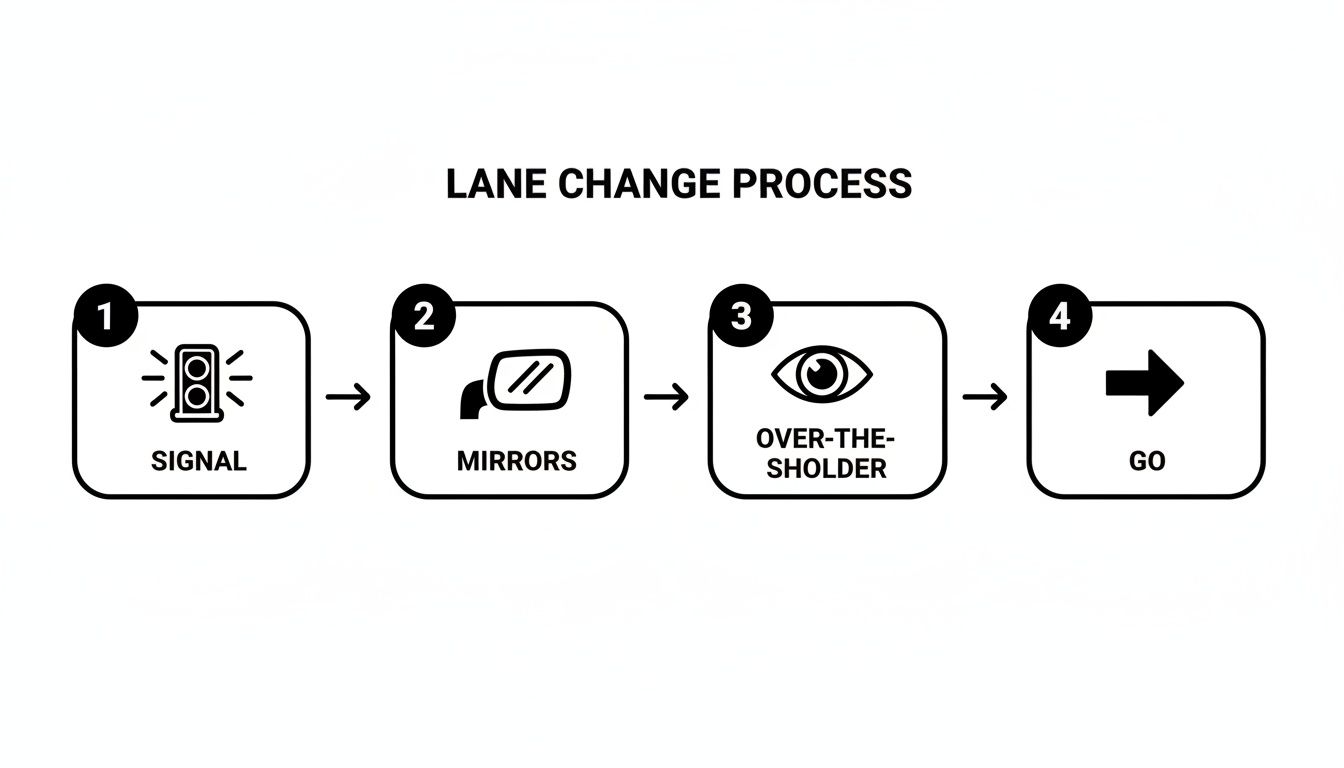 A four-step diagram illustrating the proper lane change process: signal, mirrors, over-the-shoulder, and go.