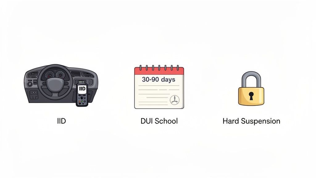 Three icons: a car dashboard with an IID device, a calendar for DUI school, and a padlock for hard suspension.