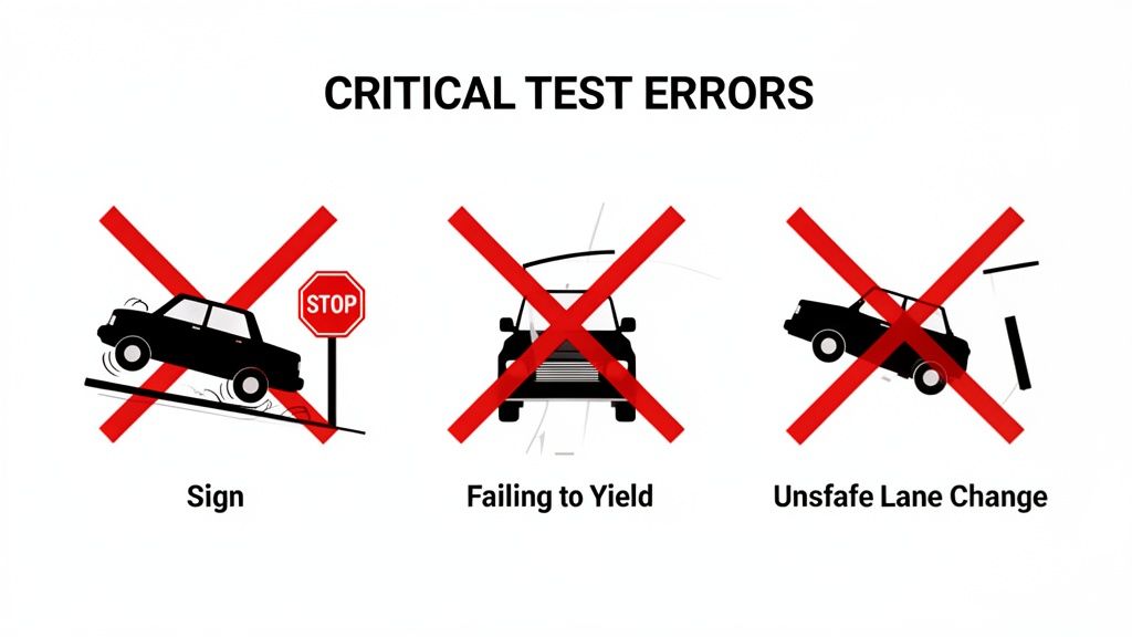 Illustrations showing critical driving test errors: sign violation, failing to yield, and unsafe lane change.
