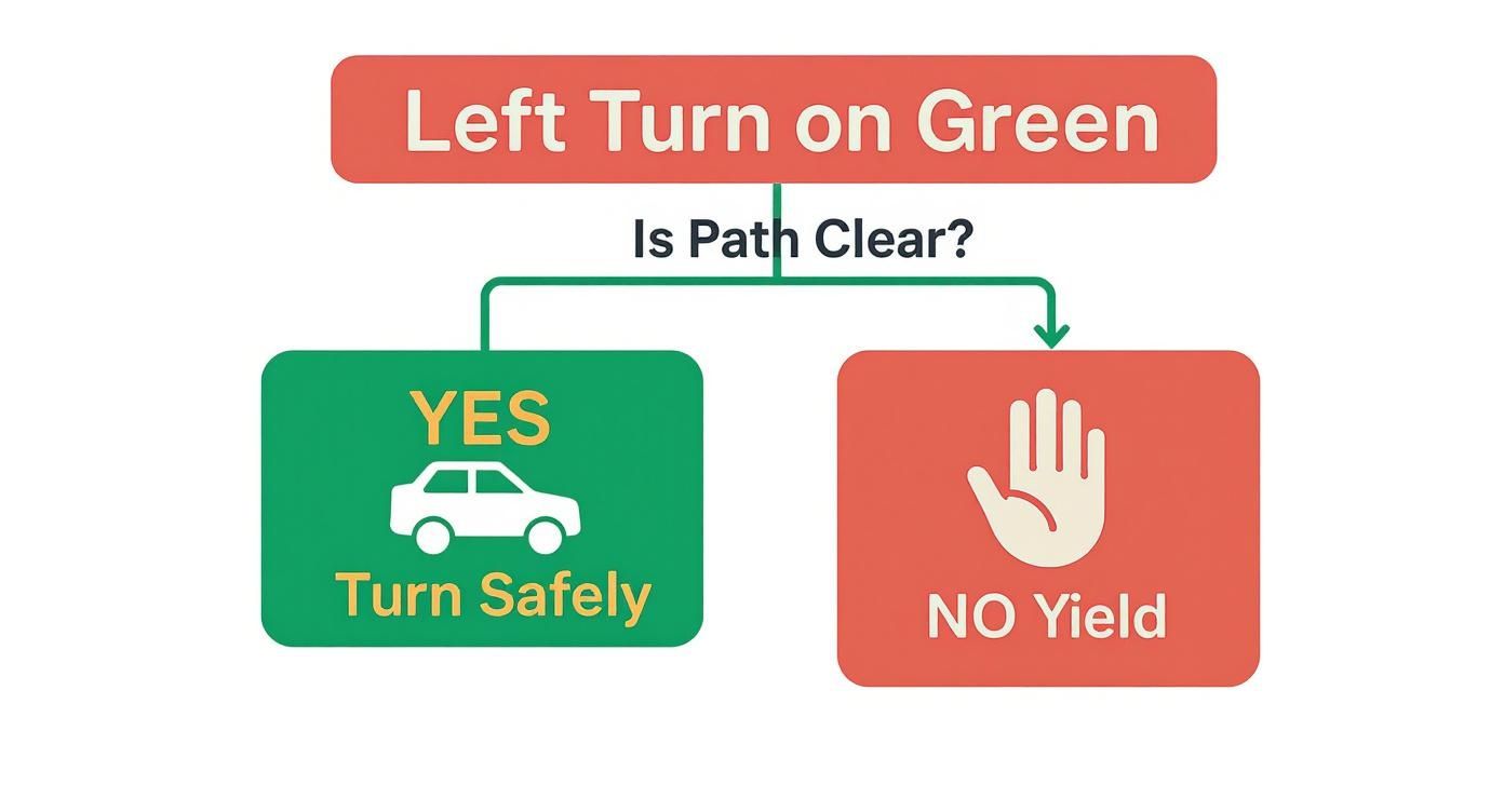 Flowchart on left turn rules: if path is clear, turn safely; otherwise, yield.