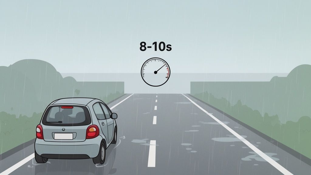 An illustration of a grey car driving on a wet, rainy road, emphasizing an 8-10 second safety interval.
