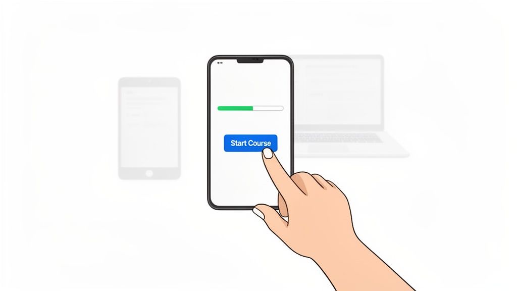 A hand taps 'Start Course' on a smartphone with a green progress bar, showing mobile learning.