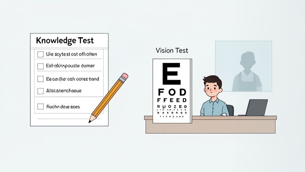 Illustration depicting a knowledge test checklist with a pencil and an eye chart vision test with a person.
