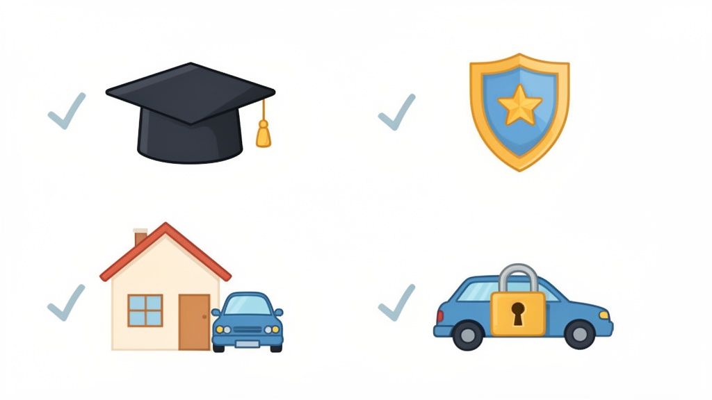 Four icons showing different types of insurance or protection: education, security, home, and car.