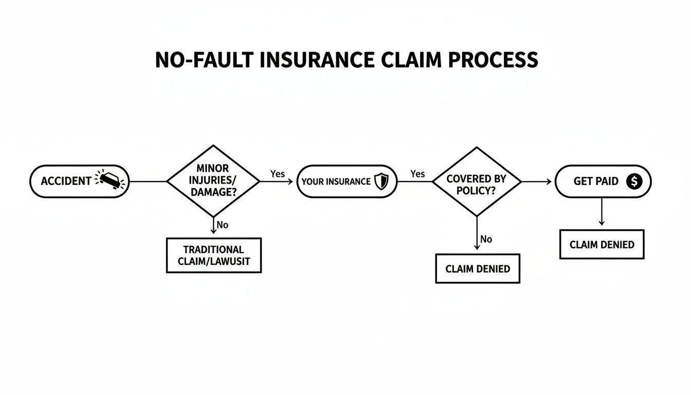 Flowchart illustrating the no-fault insurance claim process, from an accident to payment or denial.