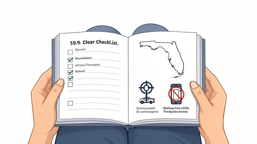 Hands holding an open book with a driving checklist, Florida map, and safe driving icons.