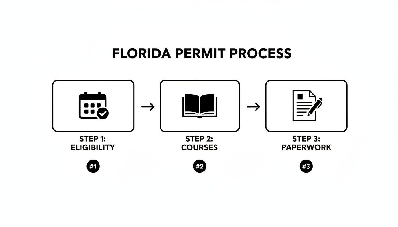 Infographic showing the Florida permit process in three steps: eligibility, courses, and paperwork.