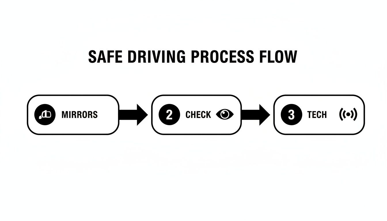A safe driving process flow diagram showing steps: 1. Mirrors, 2. Check, and 3. Tech.