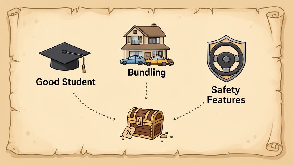 Diagram illustrating how good student status, bundling policies, and safety features lead to car insurance discounts.