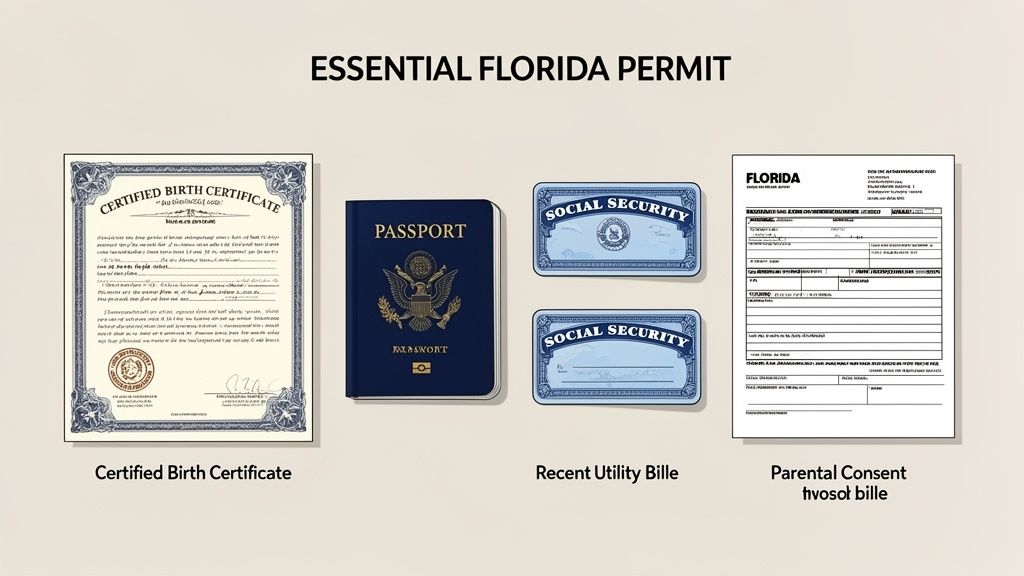 A collection of documents including a birth certificate, passport, social security cards, and a Florida form for a permit.