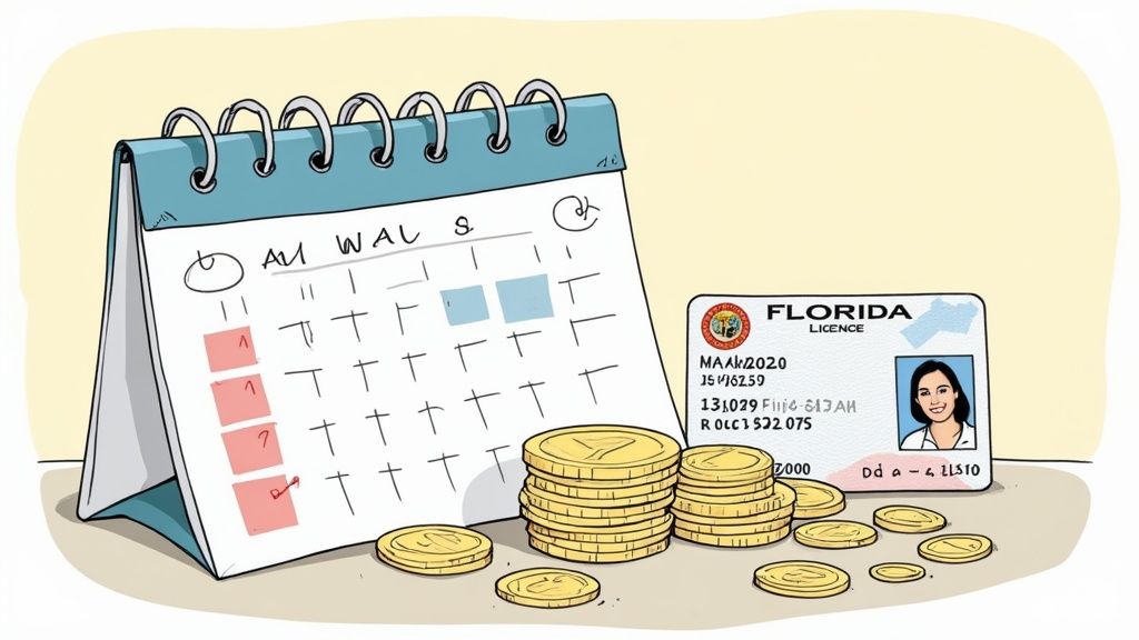 A calendar and a wallet on a desk, symbolizing renewal deadlines and fees.