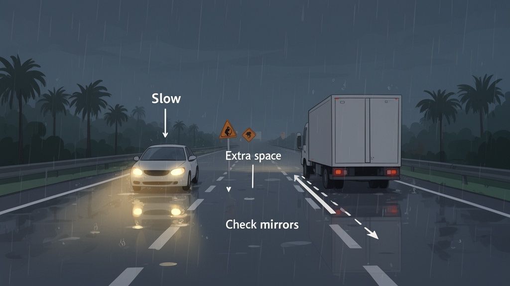 Illustration of a rainy highway at night with a car and truck, showing safe driving tips for wet conditions.