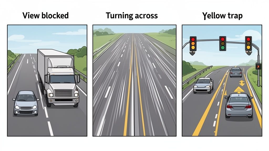 Three panels showing driving scenarios: a car next to a truck, a multi-lane highway, and an intersection with traffic lights for left turns.
