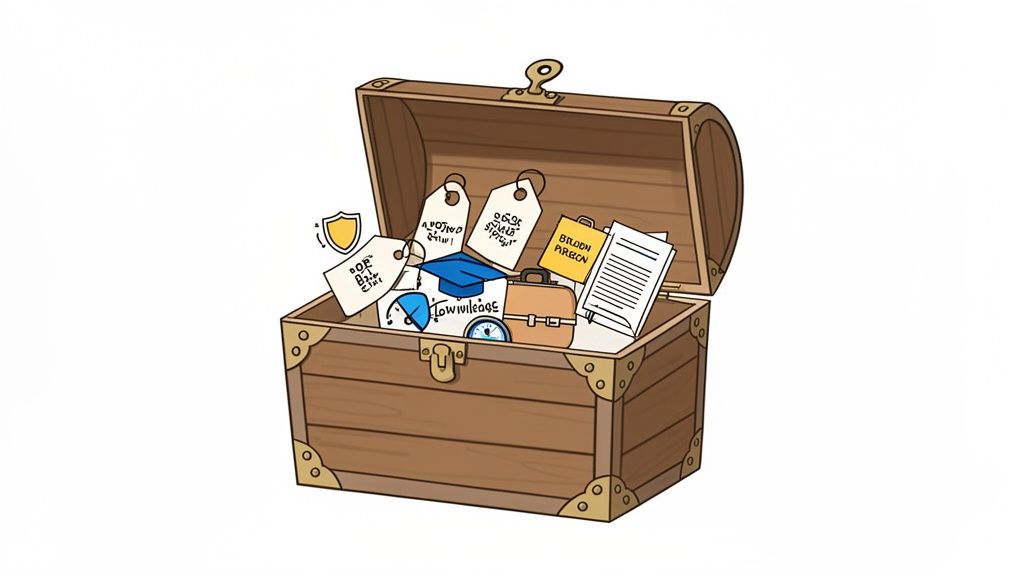 An open wooden treasure chest overflowing with a graduation cap, briefcase, shield, and tags.