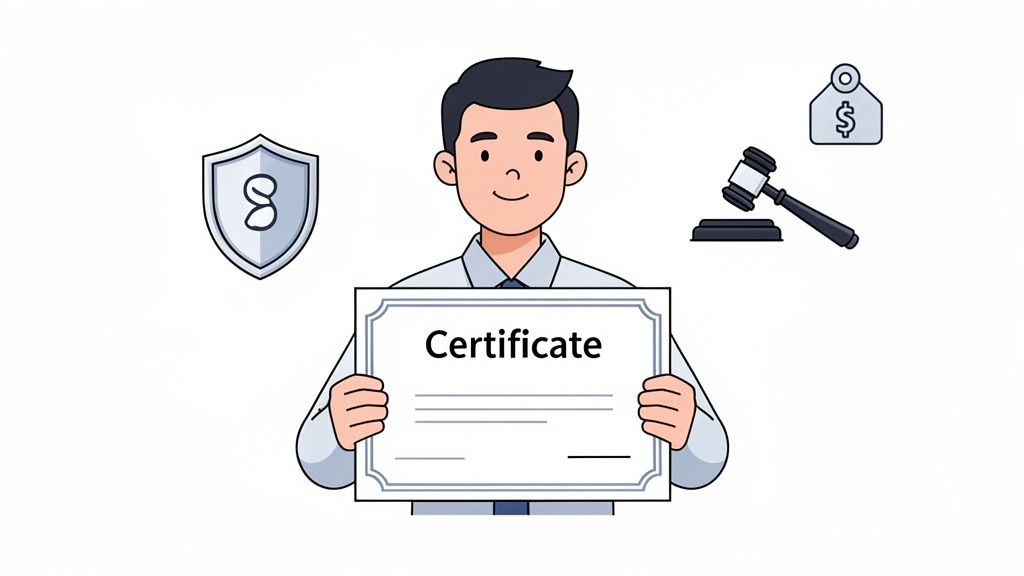 A cartoon man holds a certificate, surrounded by icons representing security, law, and value.
