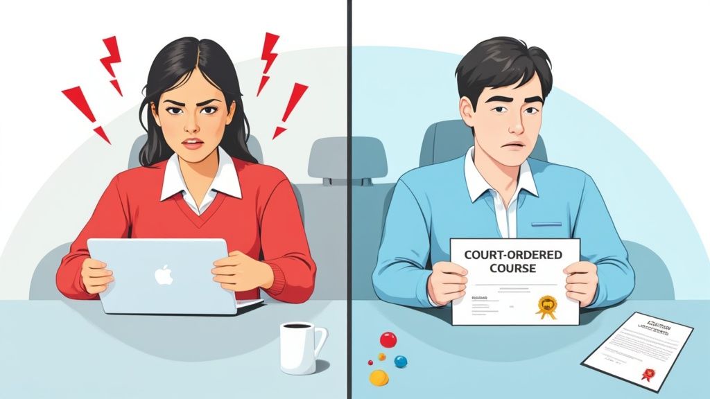 Frustrated woman on laptop and sad man with 'Court-Ordered Course' certificate, possibly for driving.