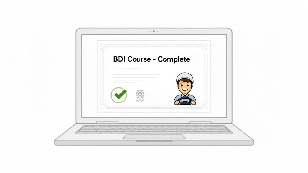 A laptop screen displays a certificate for a completed BDI driving course with a driver.