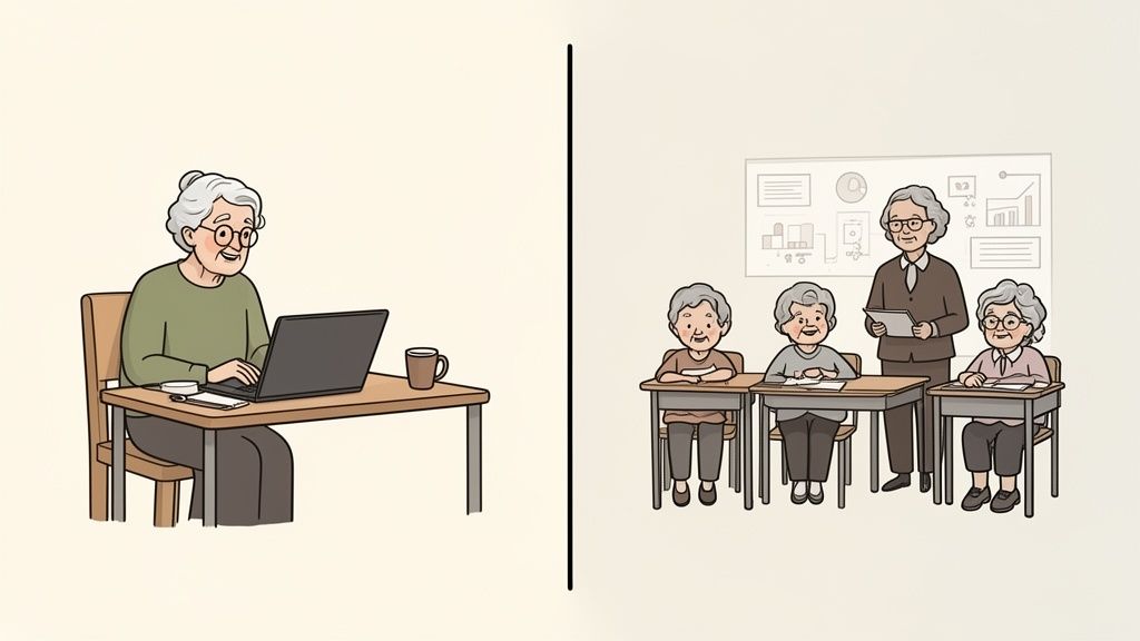 An elderly woman works on a laptop, while a teacher instructs elderly students in a classroom.