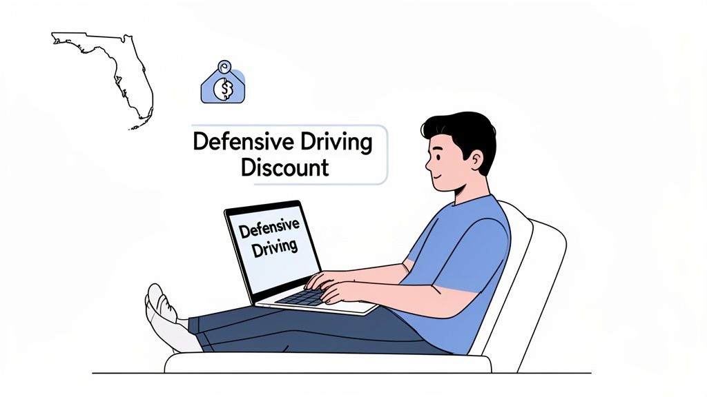 A man taking an online defensive driving course on a laptop for an insurance discount in Florida.