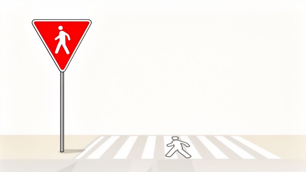 A red triangular give way sign with a white pedestrian symbol above a zebra crossing.