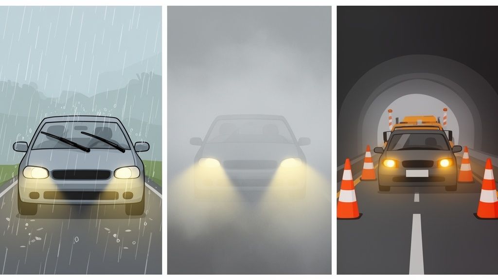 A car uses headlights in challenging conditions: heavy rain, dense fog, and a dark tunnel.