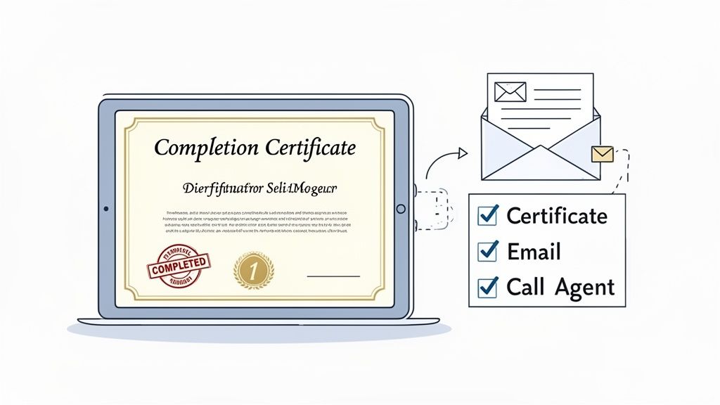A laptop displays a completion certificate, alongside options for receiving the certificate via email or contacting an agent.