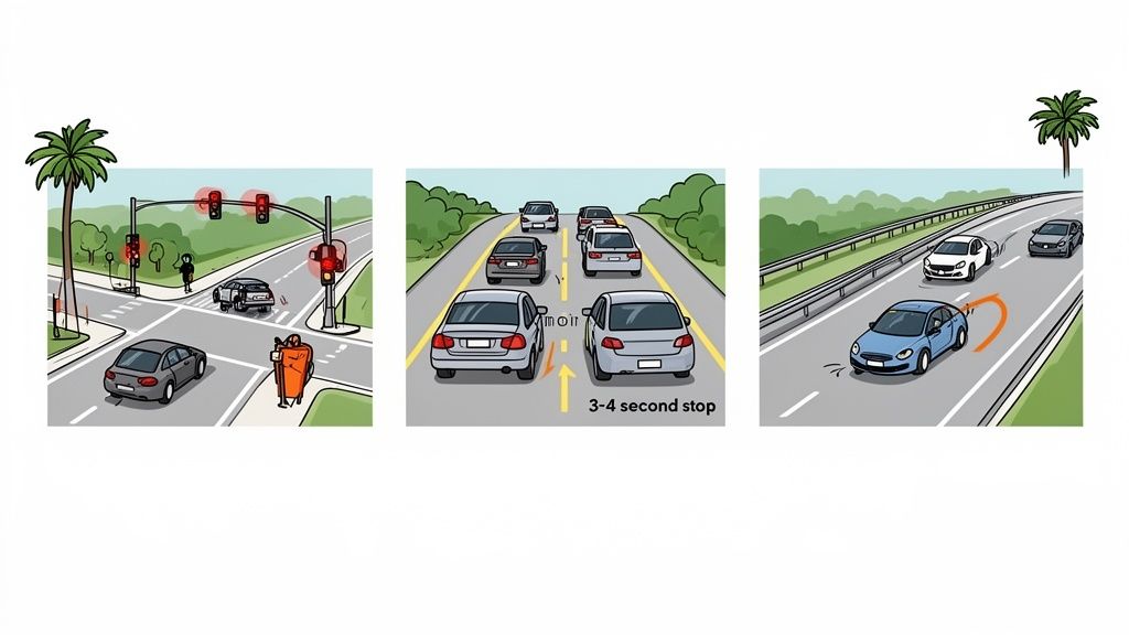 Three cartoon panels illustrating defensive driving techniques: stopping at a red light, maintaining safe following distance, and changing lanes.