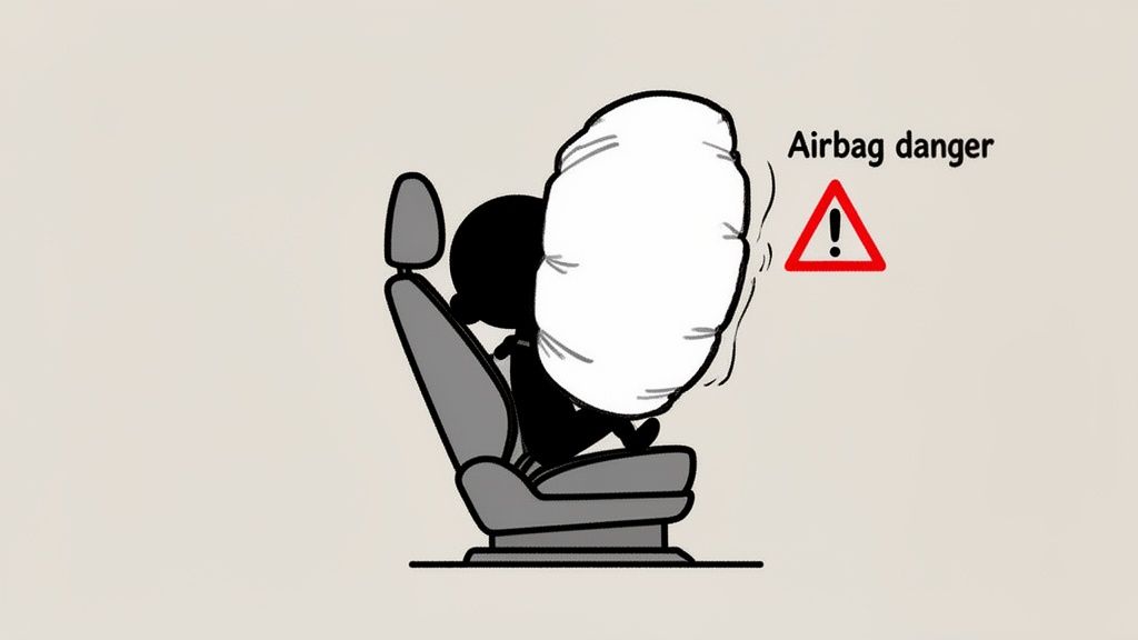 Illustration of a person in a car seat with a deployed airbag and an "Airbag danger" warning.