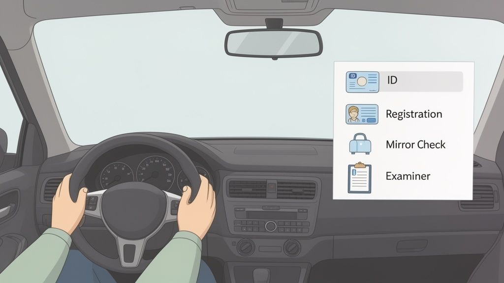 Hands on a steering wheel inside a car, with a pop-up menu showing driving test items.
