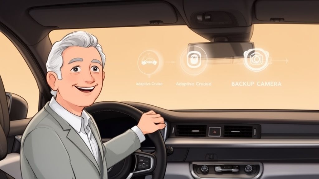 Illustrated image of a happy senior man driving a car with adaptive cruise and backup camera features.