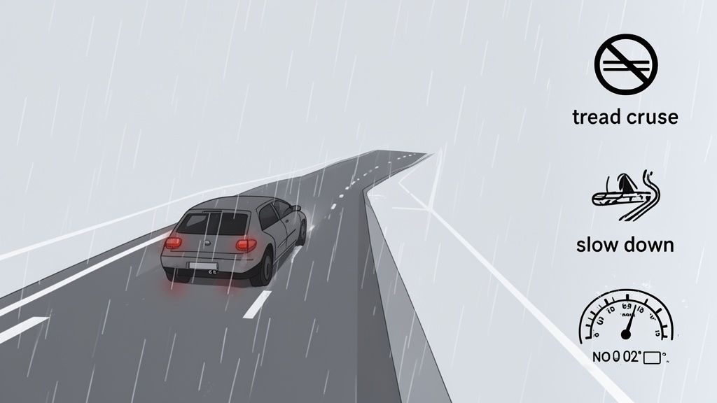 A car drives on a wet road in heavy rain, with icons warning to slow down and avoid cruise control.