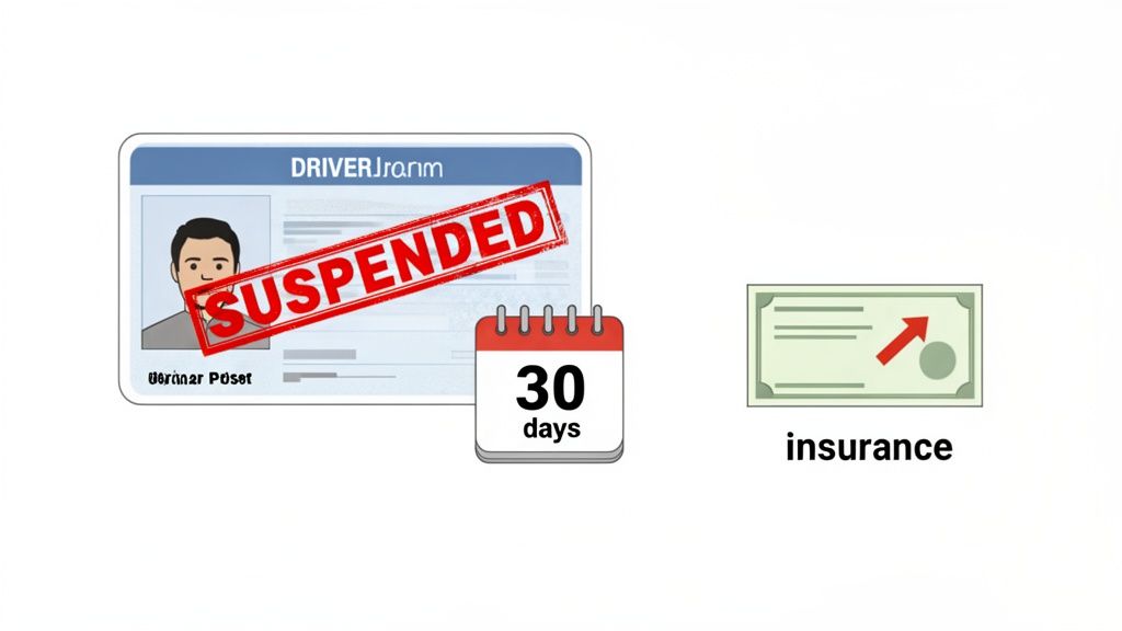 An illustration showing a suspended driver's license, a 30-day calendar, and increased insurance costs.