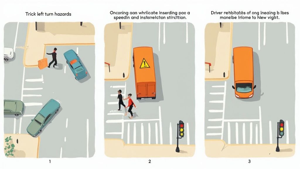 Three panels illustrating various hazards at road intersections, focusing on left turns, pedestrians, and traffic lights.