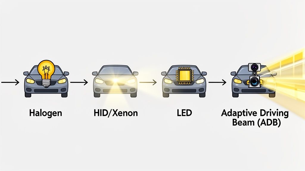 A visual progression of car headlight technologies: Halogen, HID/Xenon, LED, and Adaptive Driving Beam.
