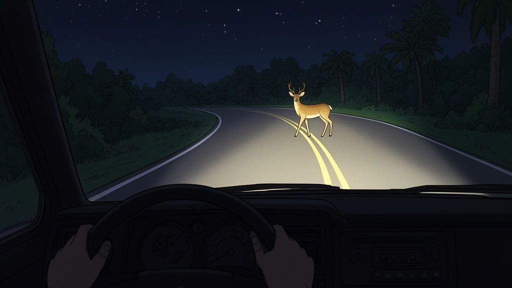 A driver's view at night, headlights illuminating a deer standing on a dark, curved road.