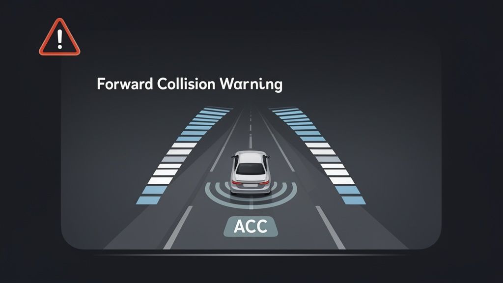 Illustration of a forward collision warning system with a car, ACC engaged, and a warning triangle.