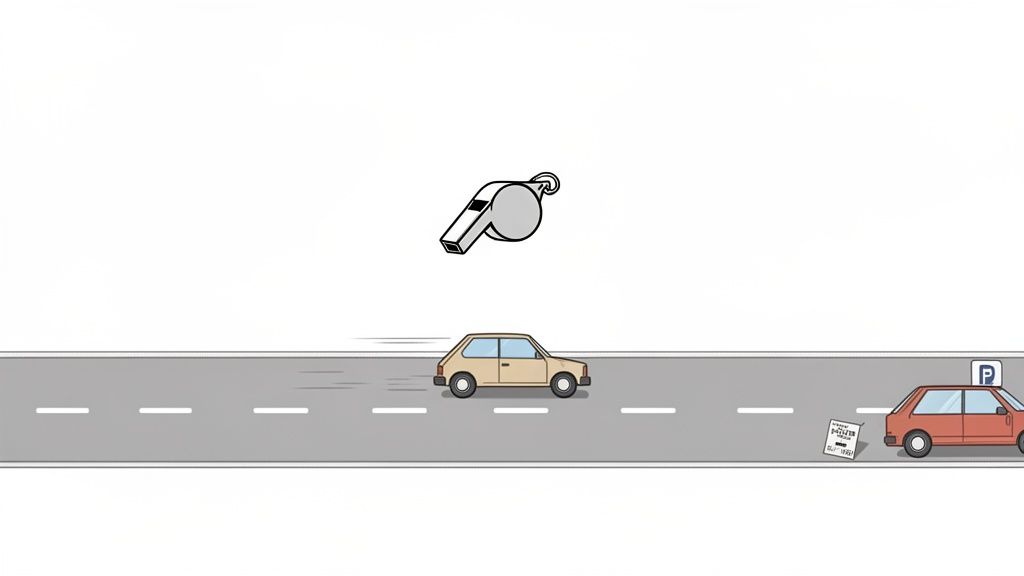 A whistle floats above a road with a speeding beige car and a parked red car with a ticket.