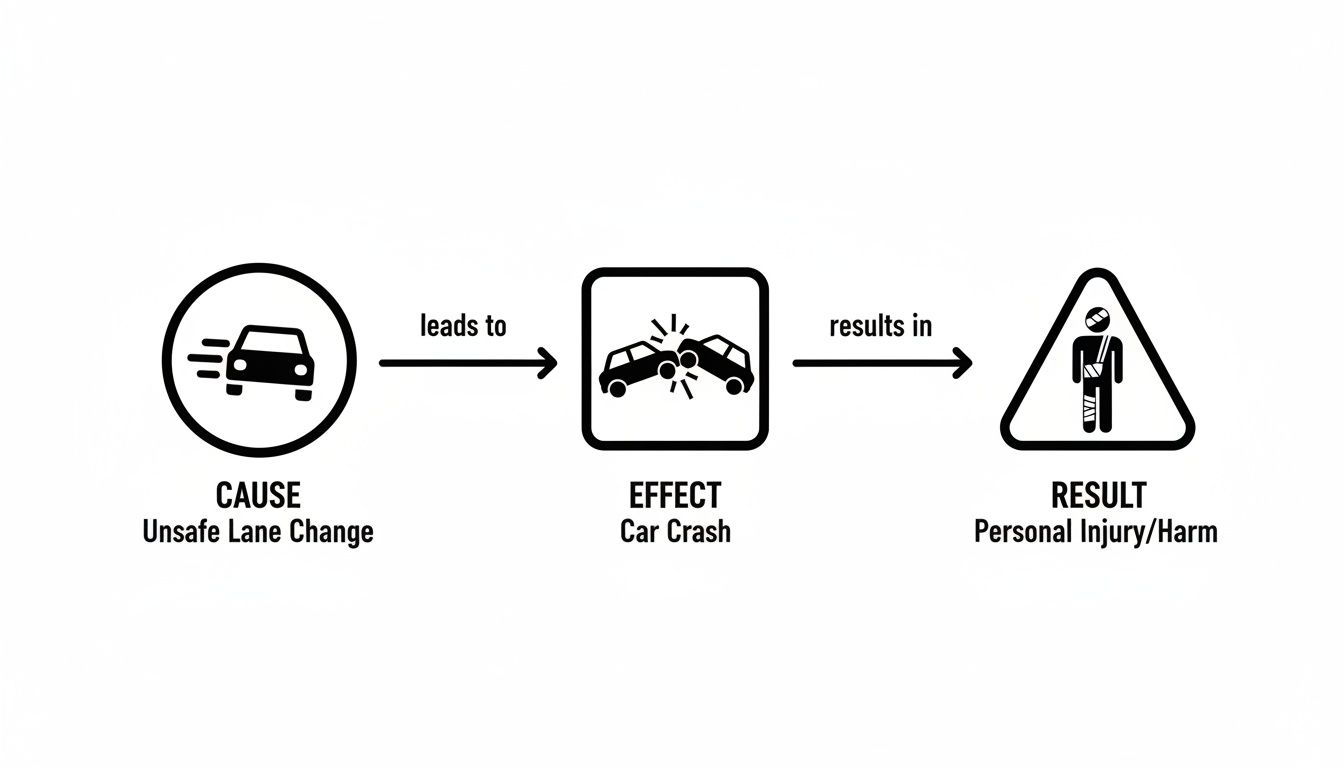 Diagram illustrating the cause (unsafe lane change), effect (car crash), and result (personal injury).