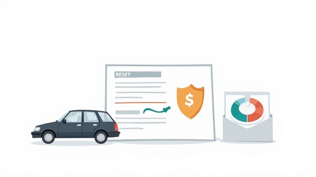 Illustration showing a car, a document with 'RESET' and a dollar shield, and an envelope with a pie chart.